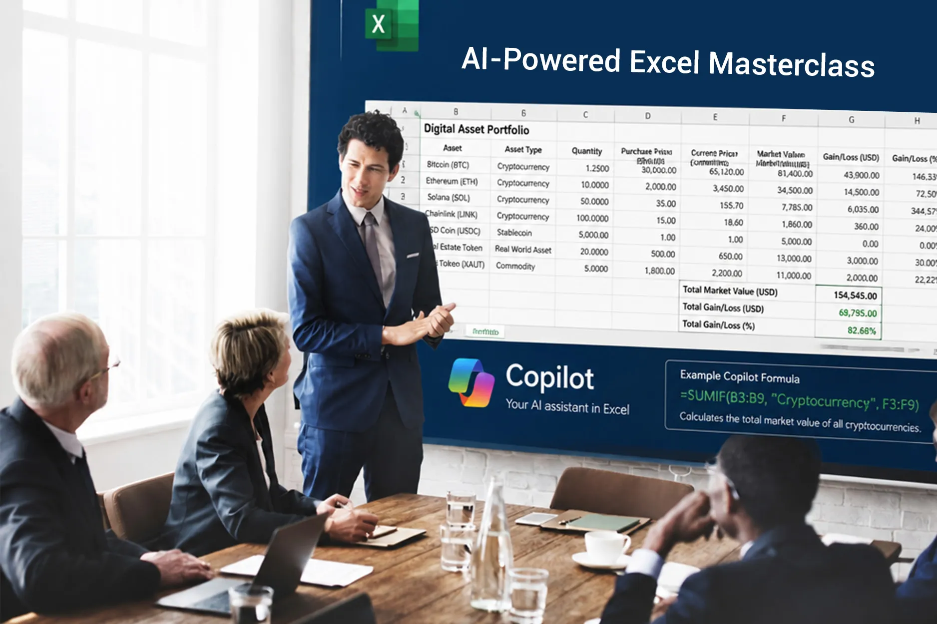 a professional explaining ai powered excel features like copilot automation and beyond